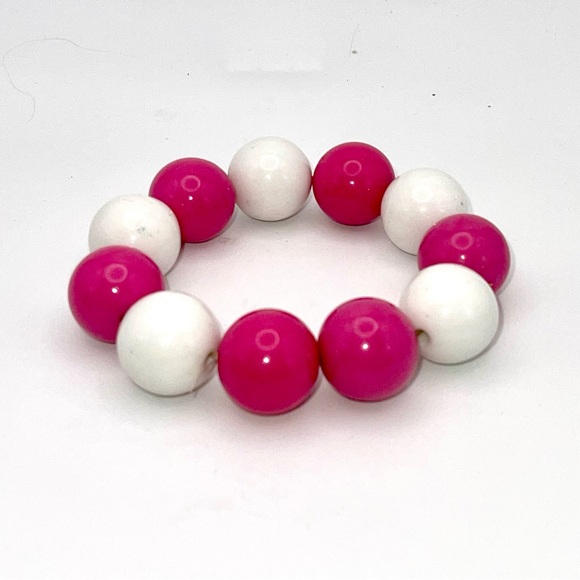 Fun Bright Pink and White Bubblegum Bead Stretch Bracelet OSFM - Picture 6 of 14